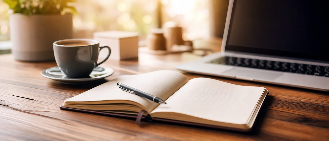 Blog – Notizbuch und Kaffee auf Holztisch